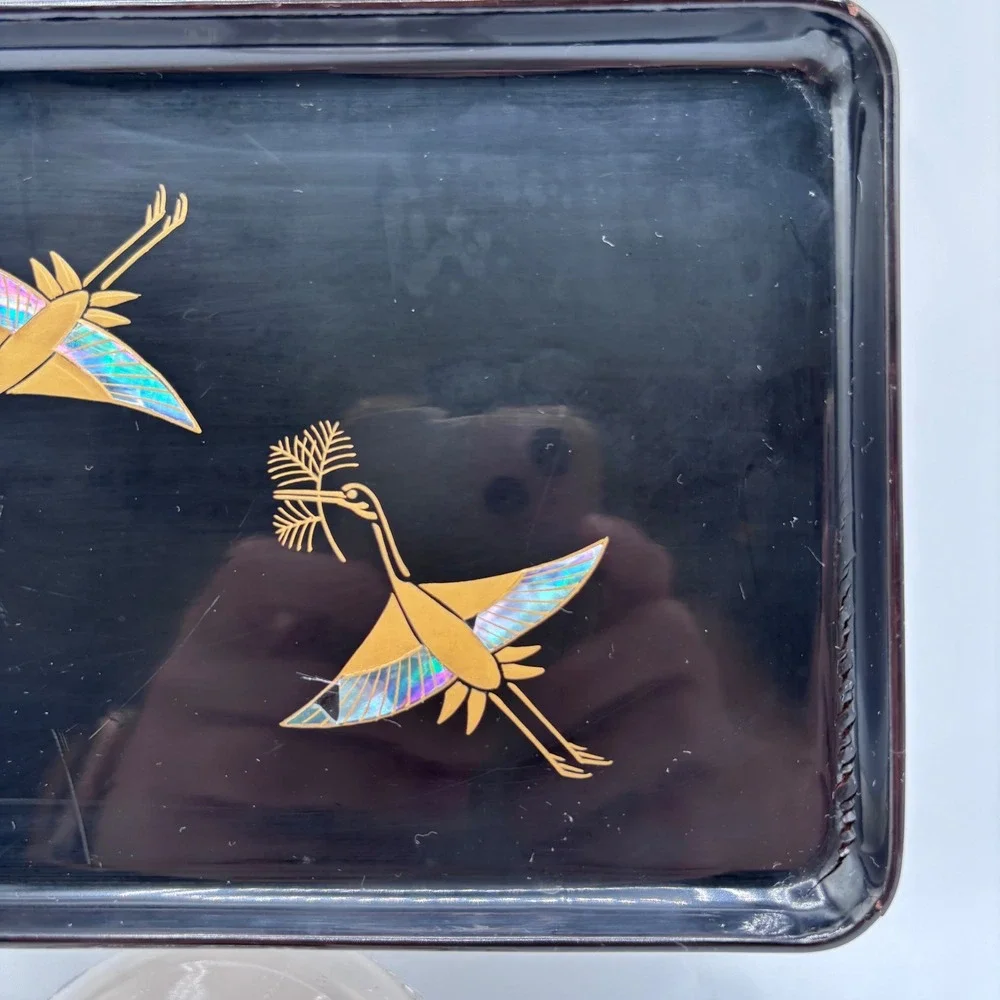 Zohiko Black‎ Lacquer Tray Gold Crane Japanese Mother of Pearl Inlay 6.75x4.5